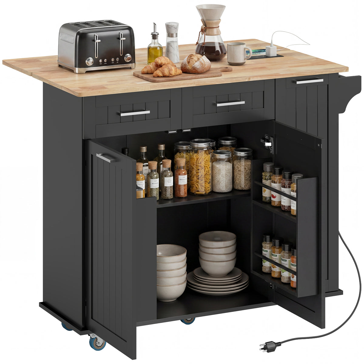 Kitchen Island on Wheels with Wood Drop Leaf – 47"W x 37"H