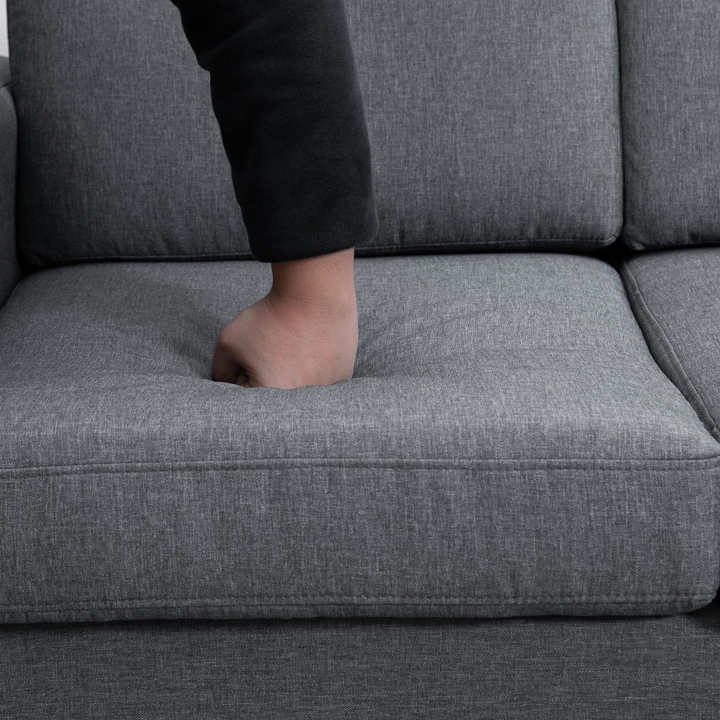 Modern Three-Seat Linen Upholstered Sofa with Steel Legs, Padded Cushions, Grey