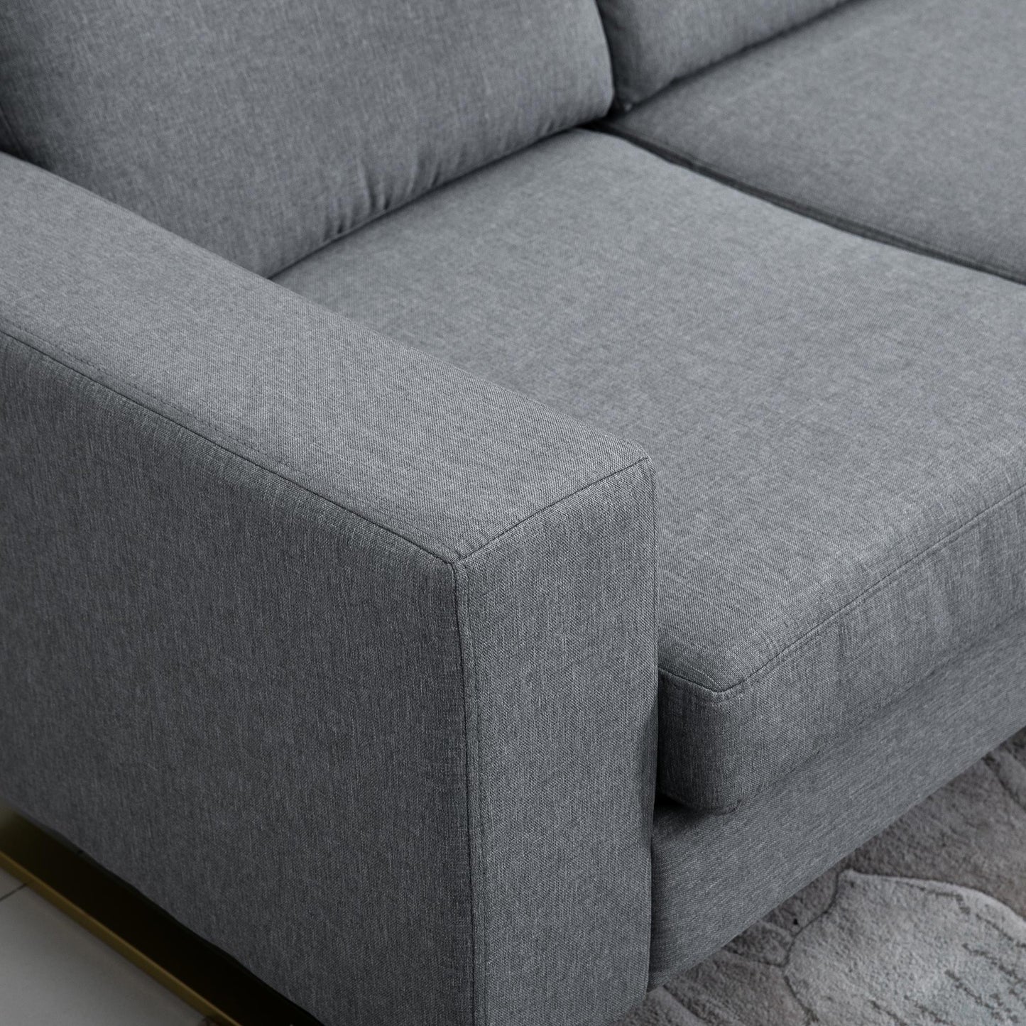 Modern Three-Seat Linen Upholstered Sofa with Steel Legs, Padded Cushions, Grey