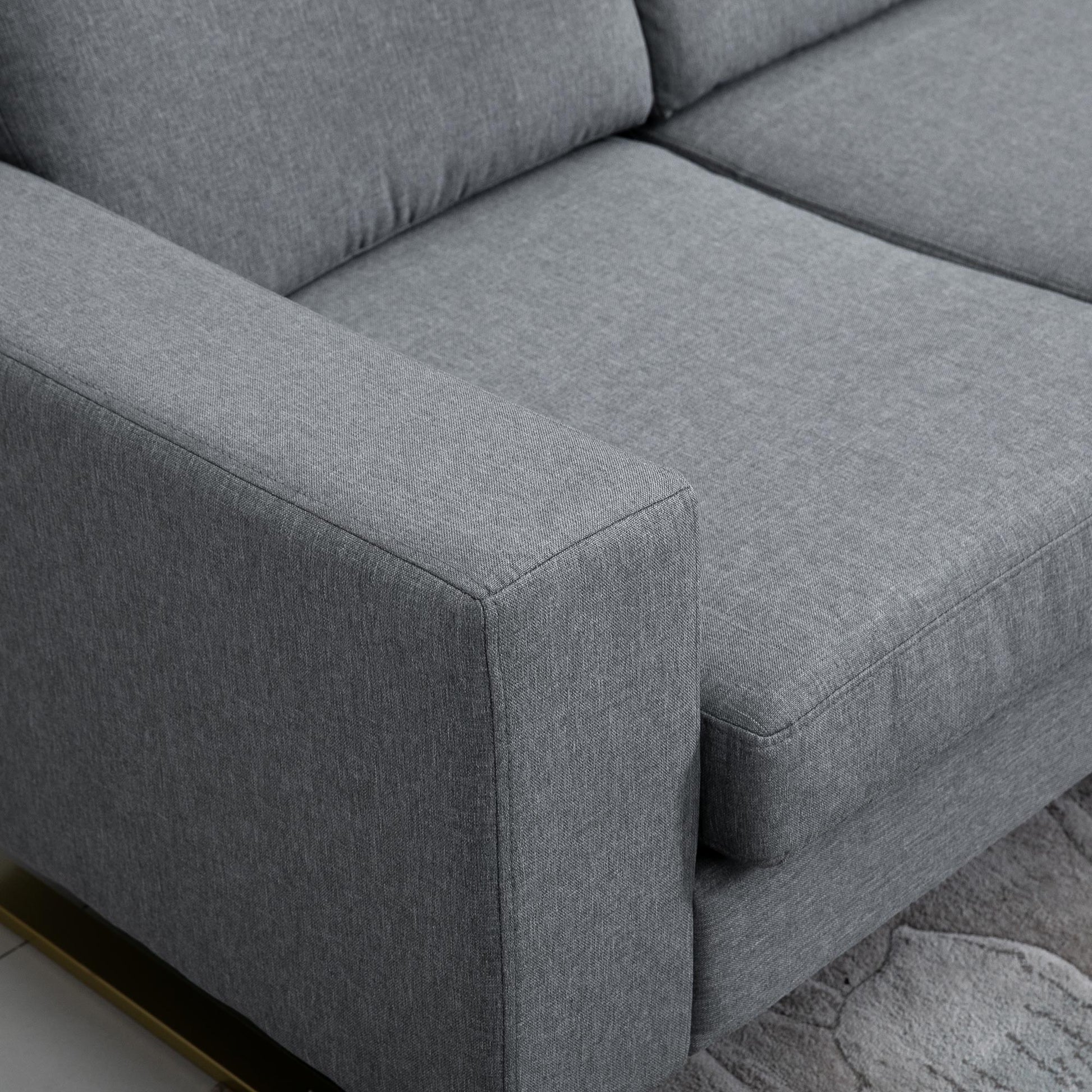 Modern Three-Seat Linen Upholstered Sofa with Steel Legs, Padded Cushions, Grey