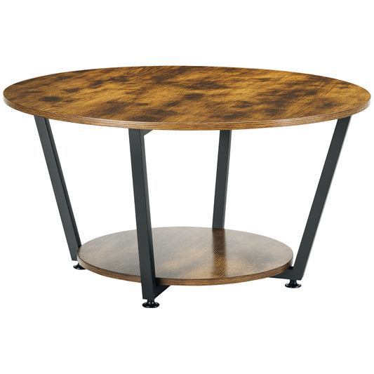 HOMCOM Round Industrial Coffee Table with Storage Shelf, Steel Frame, Rustic Brown