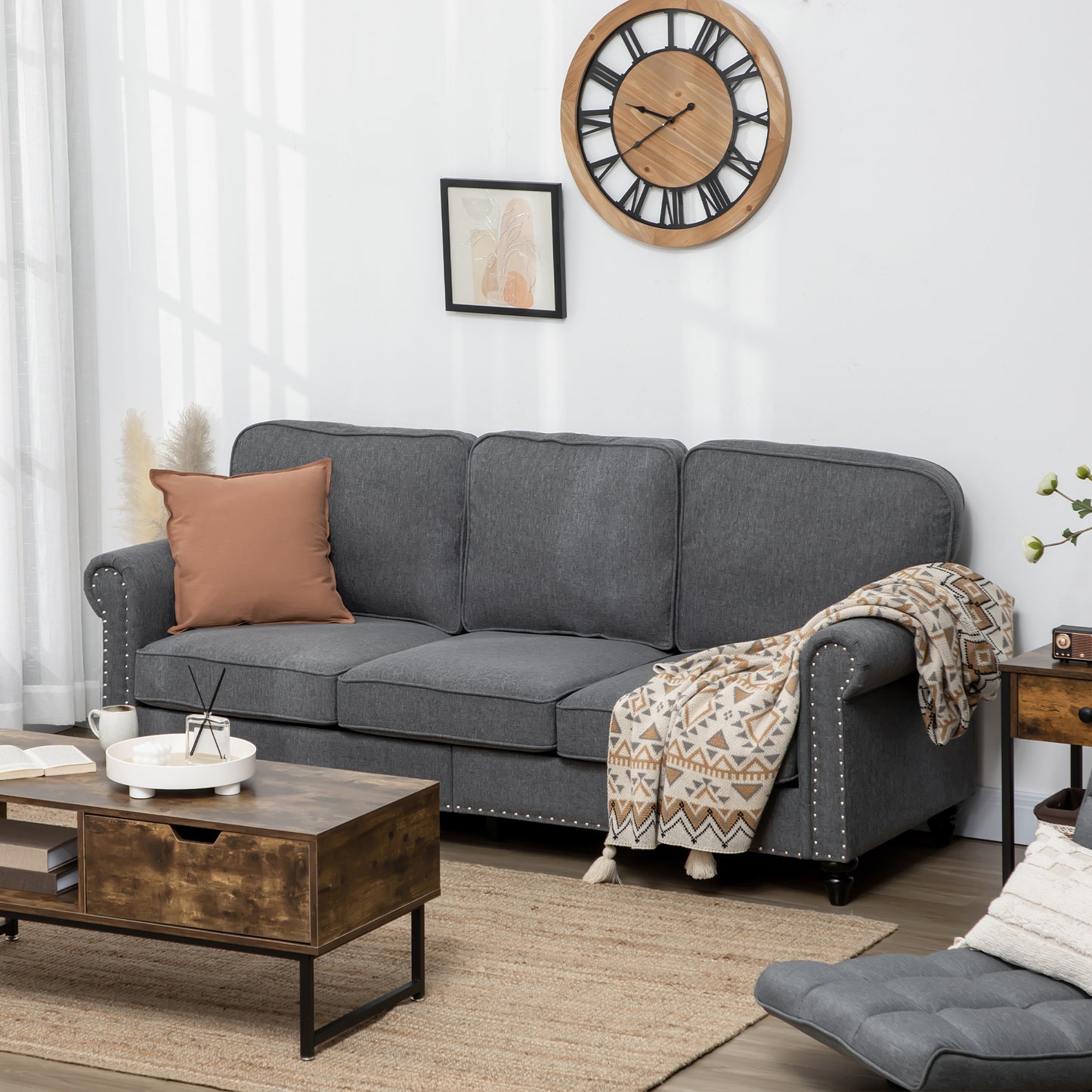 Modern Grey Linen Fabric 3-Seater Sofa Couch with Studded Trim & Rolled Arms