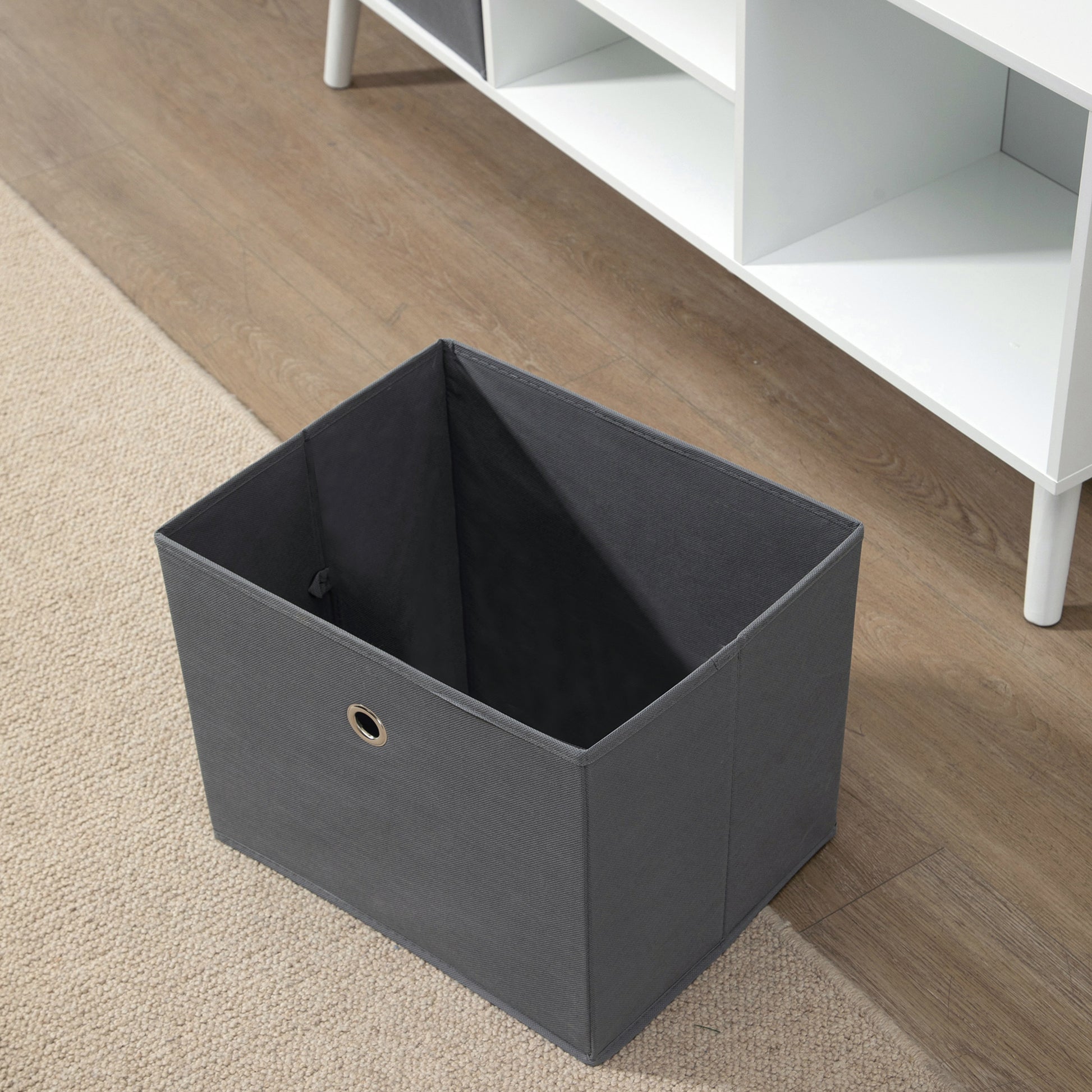 Modern TV Stand Cabinet with Foldable Grey Fabric Drawers and Shelves