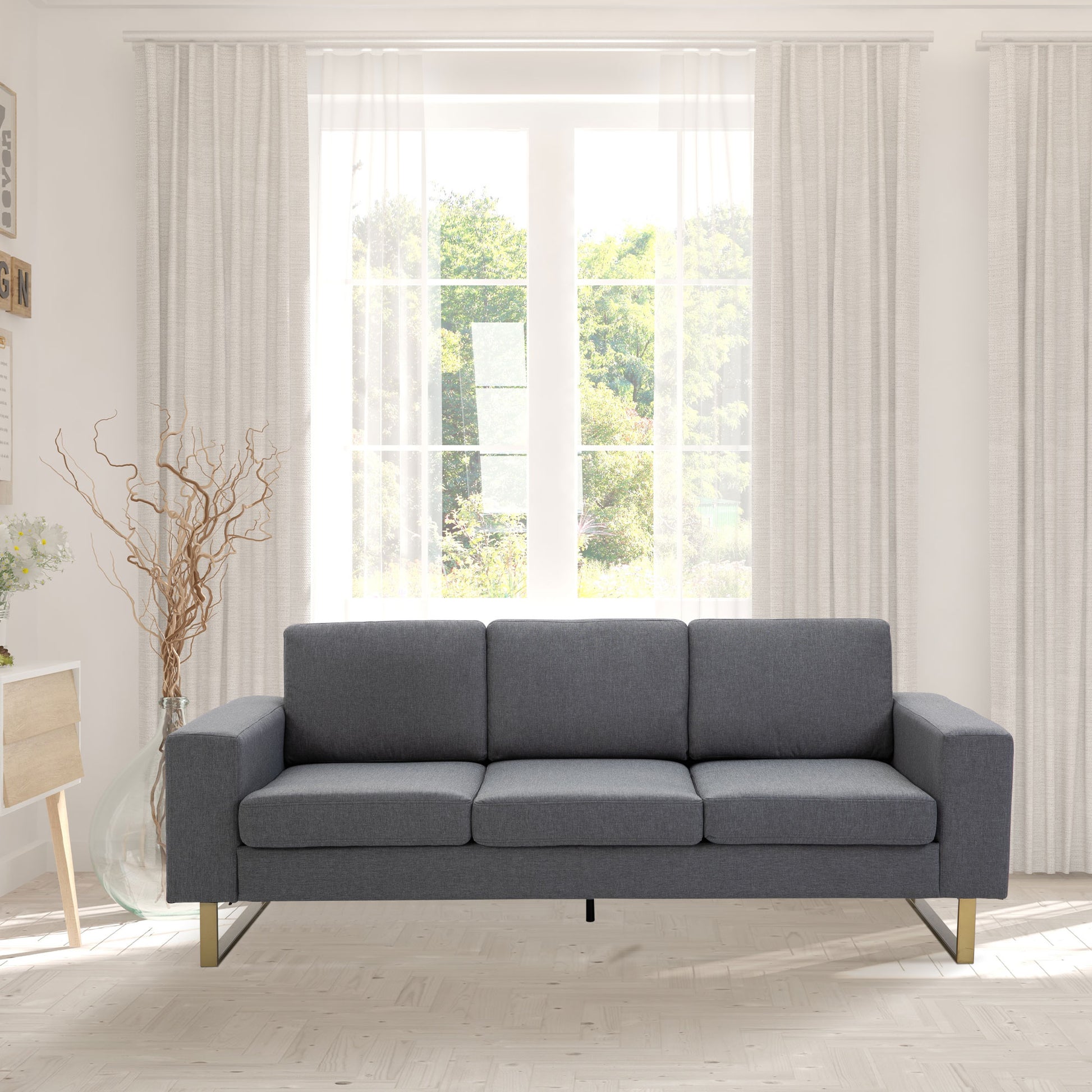 Modern Three-Seat Linen Upholstered Sofa with Steel Legs, Padded Cushions, Grey
