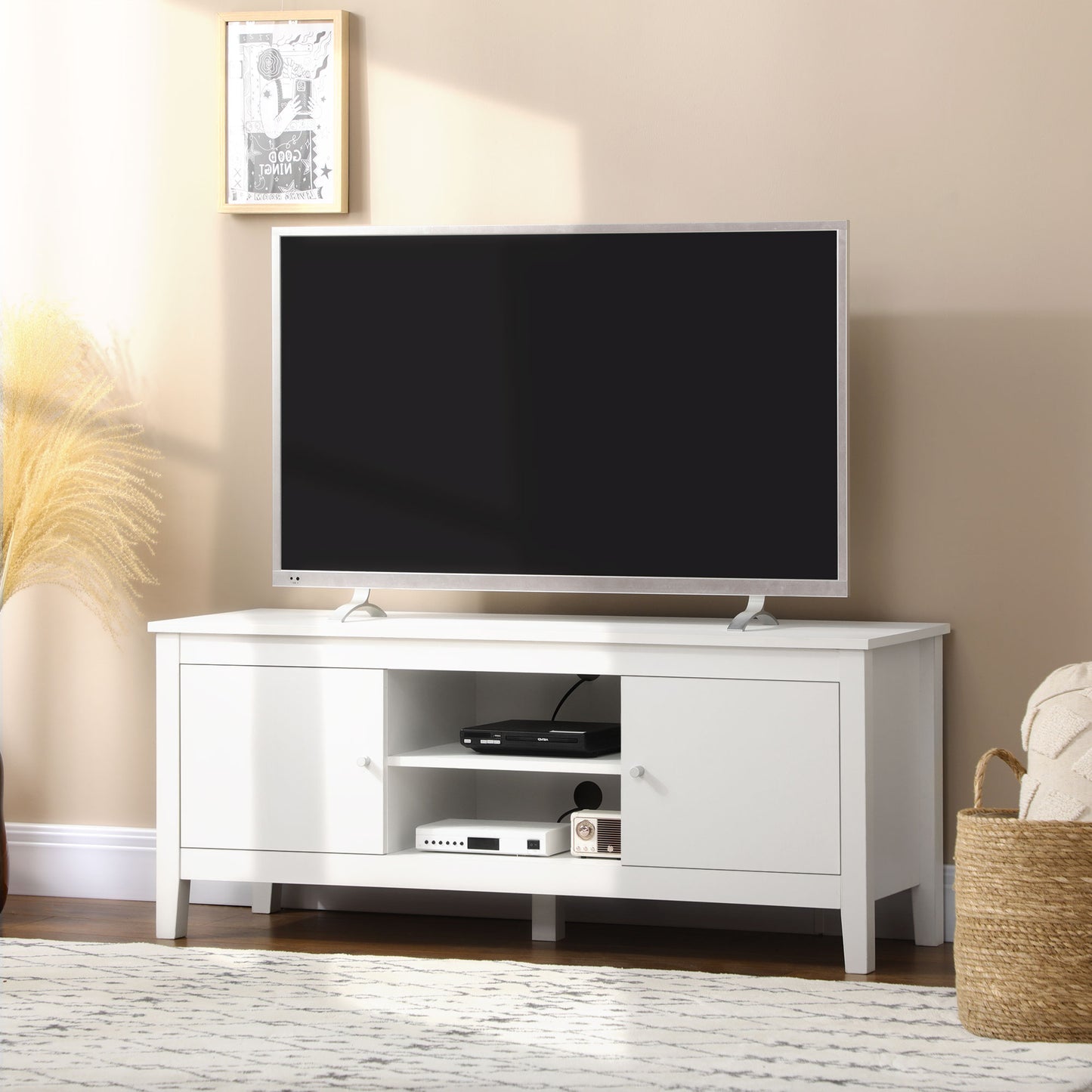 HOMCOM Modern White TV Stand for 55-Inch TVs, Storage Cupboards, Open Shelves