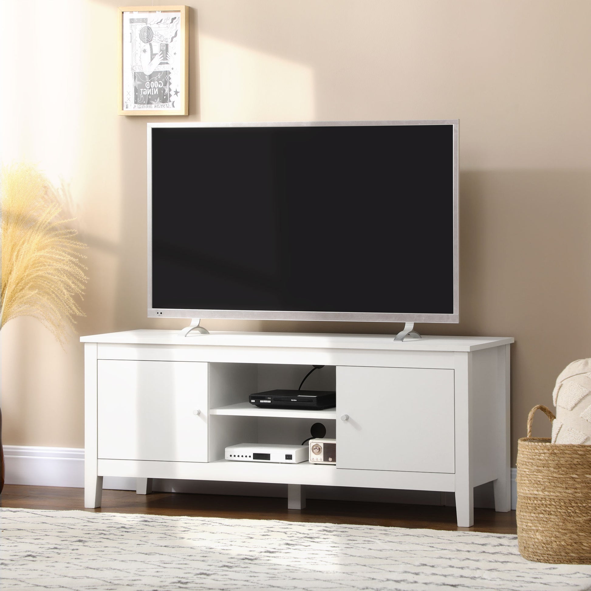 HOMCOM Modern White TV Stand for 55-Inch TVs, Storage Cupboards, Open Shelves