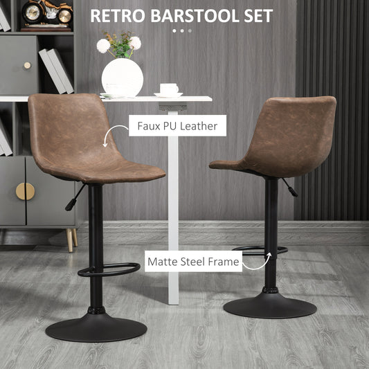 Retro Faux Leather Adjustable Swivel Counter Stools, Set of 2, Coffee Brown