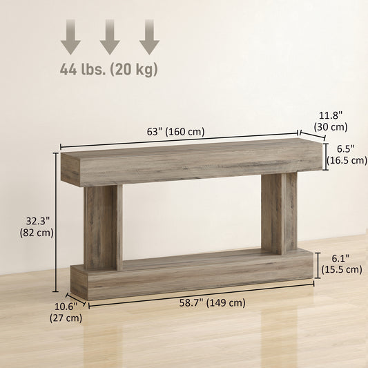 63" Long Vintage Console Table with Storage Shelf, Light Brown