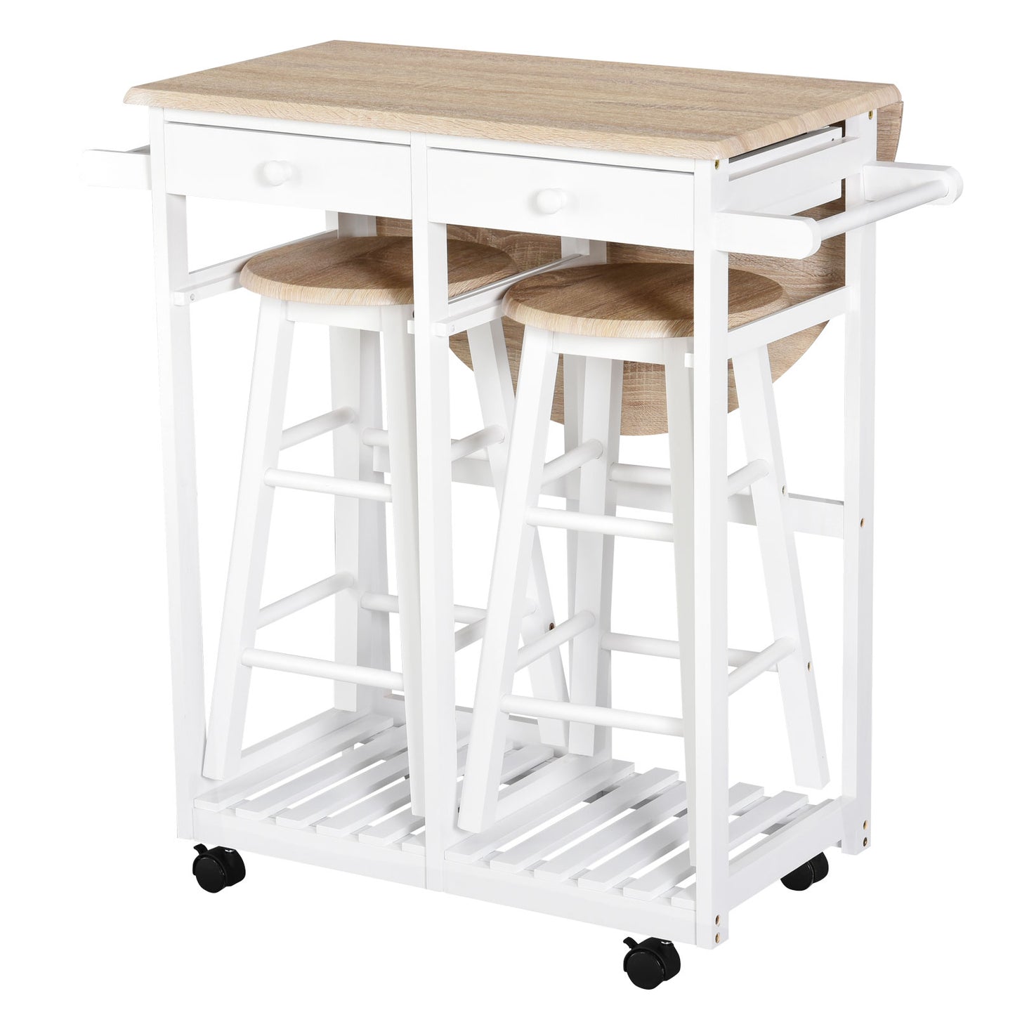 HOMCOM Kitchen Trolley 3-Piece Set with Drop Leaf Table, White