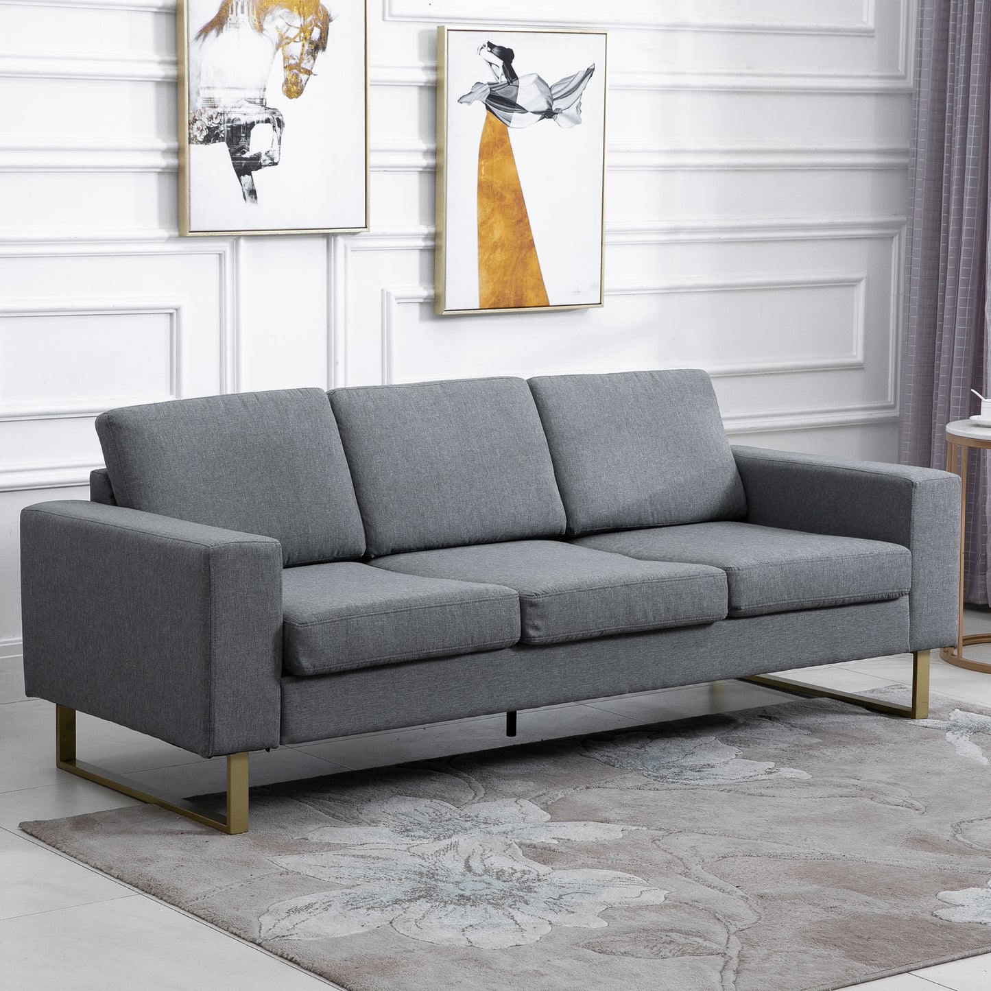Modern Three-Seat Linen Upholstered Sofa with Steel Legs, Padded Cushions, Grey