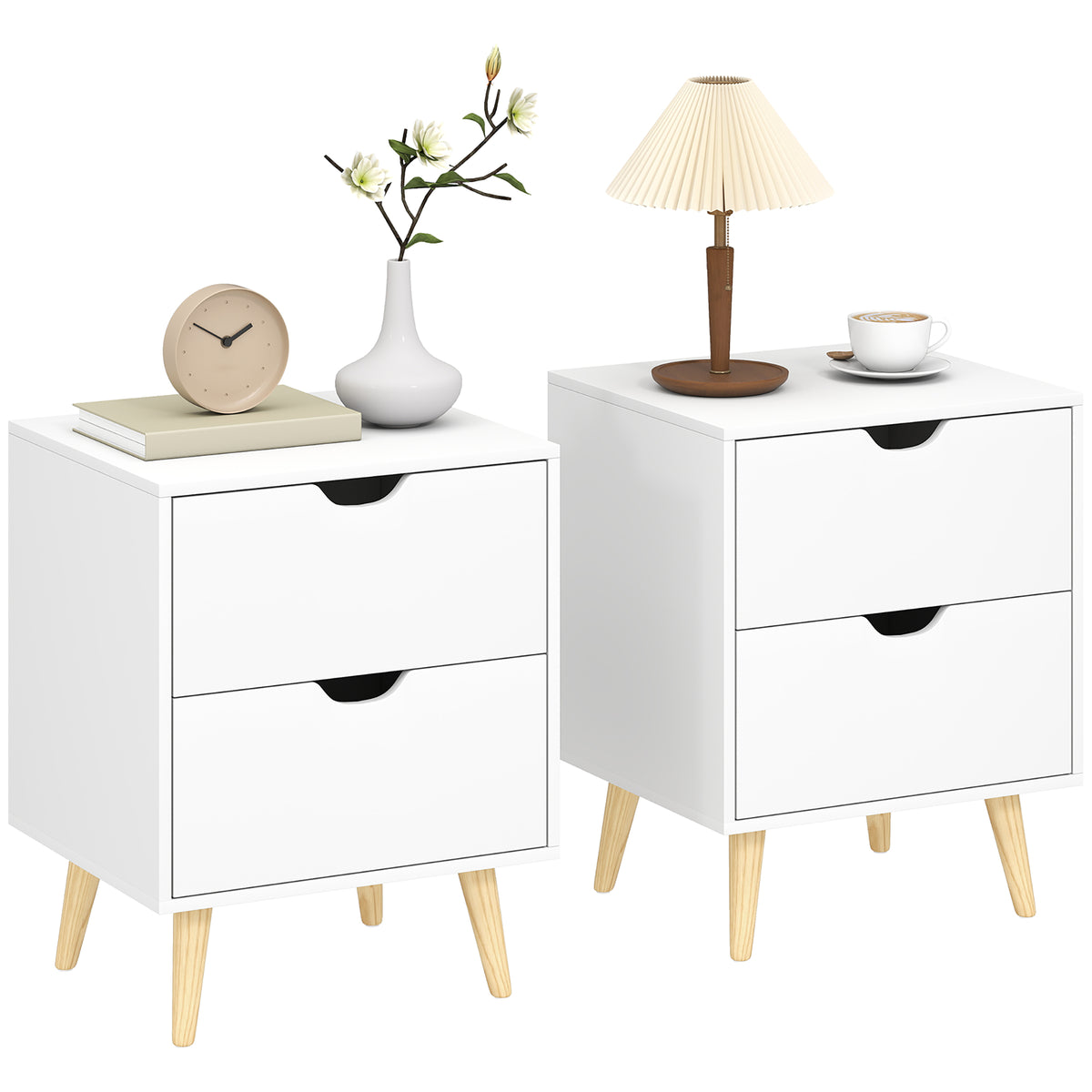 2-Drawer Nightstands with Pine Wood Legs, Set of 2 – 16"W x 20"H