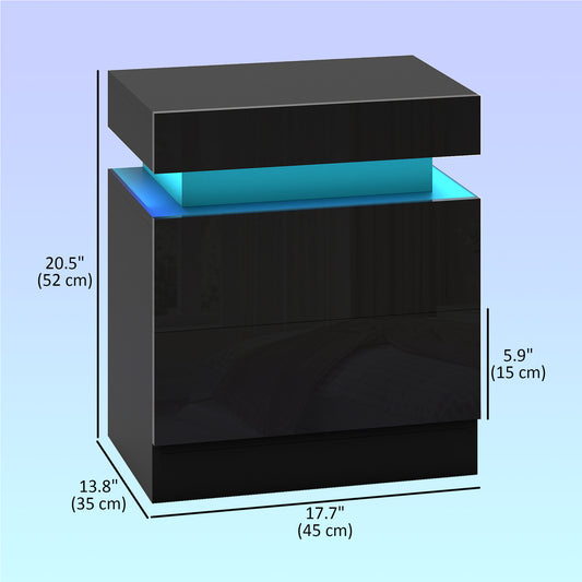HOMCOM Modern Black Nightstands Set of 2, LED Lights, Two Drawers