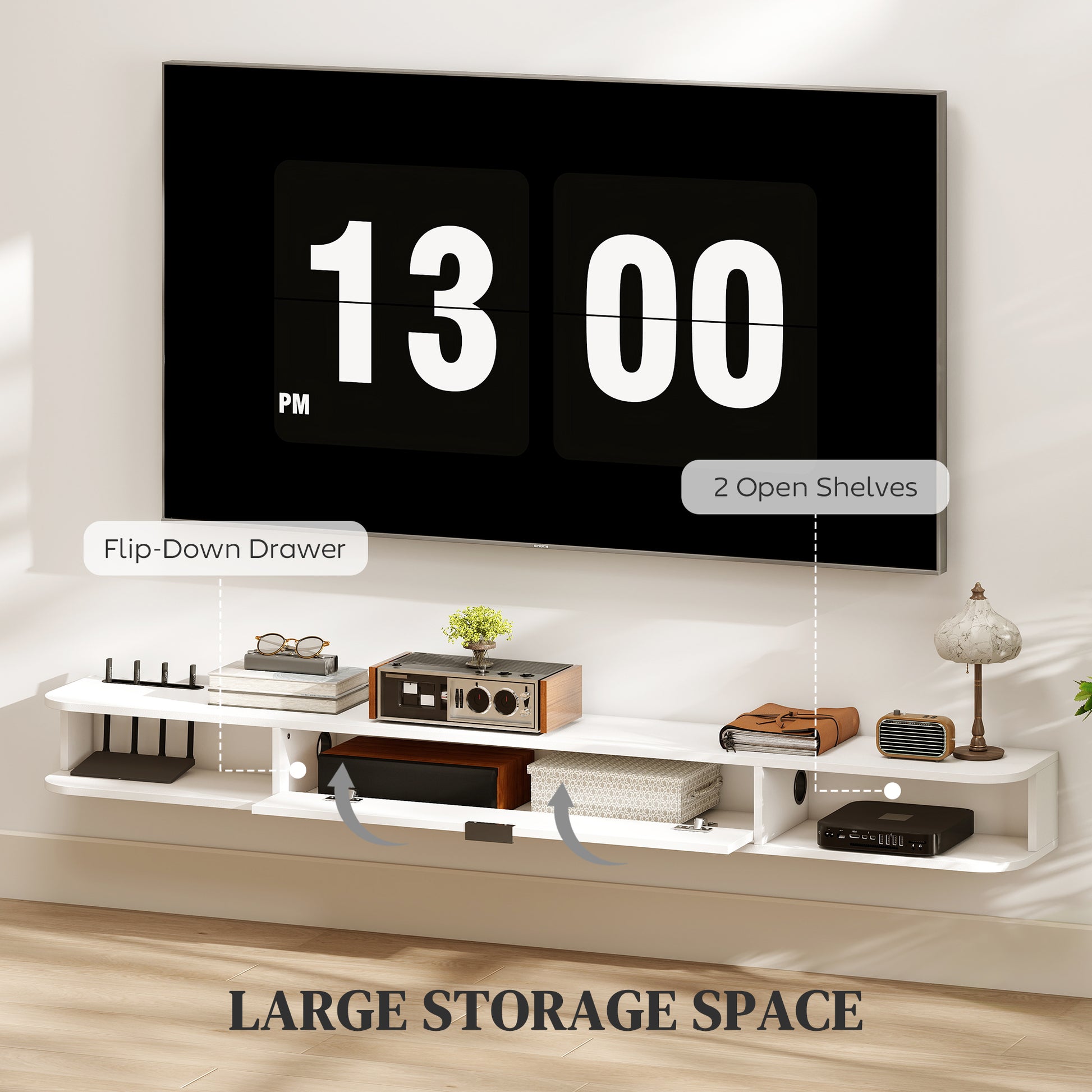 HOMCOM 71-inch Floating TV Stand Wall Mounted Media Console with Flip Drawer, 2 Open Shelves, White Wood Grain