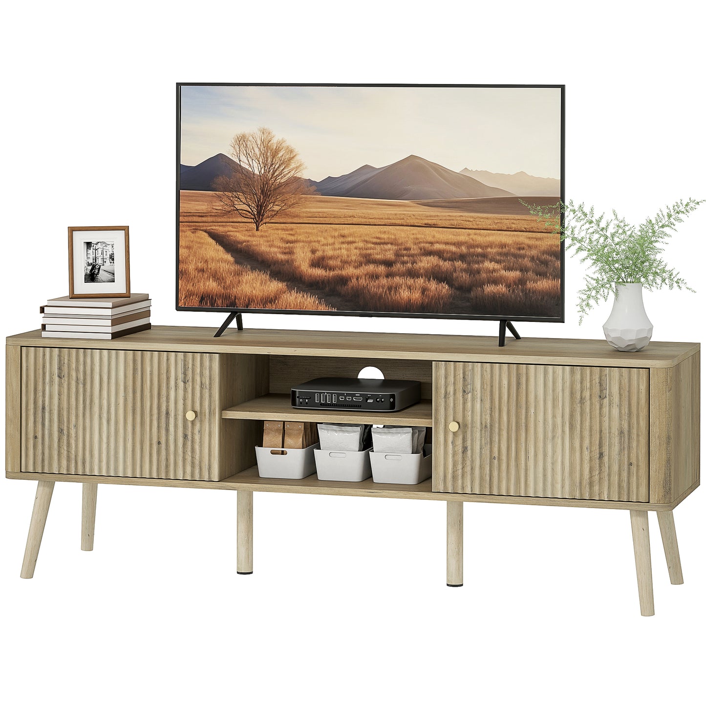 HOMCOM Modern Oak TV Stand for 65-inch TVs, Adjustable Shelves, Pine Wood Legs