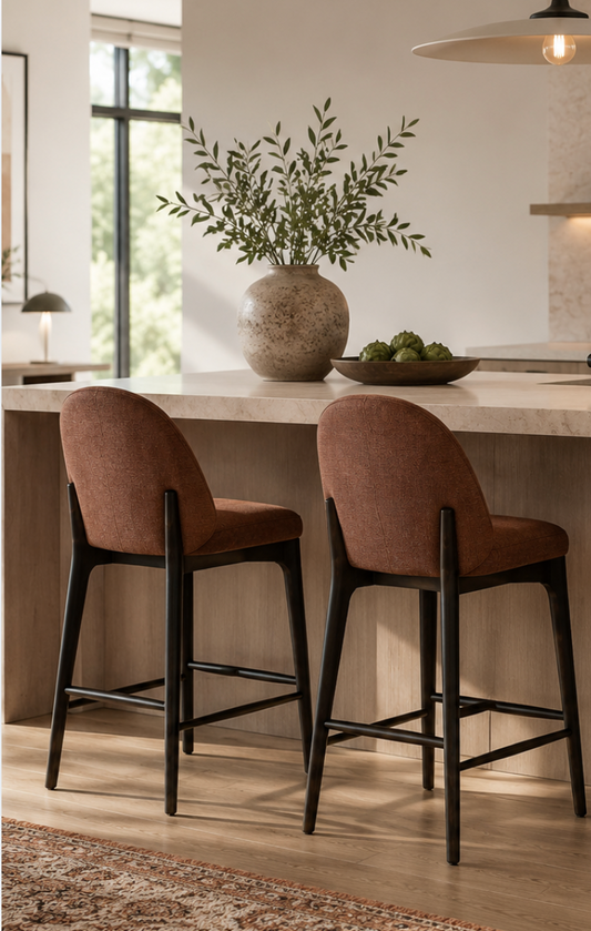 Curved-Back Counter Chair, Chestnut Fabric, Birchwood Frame