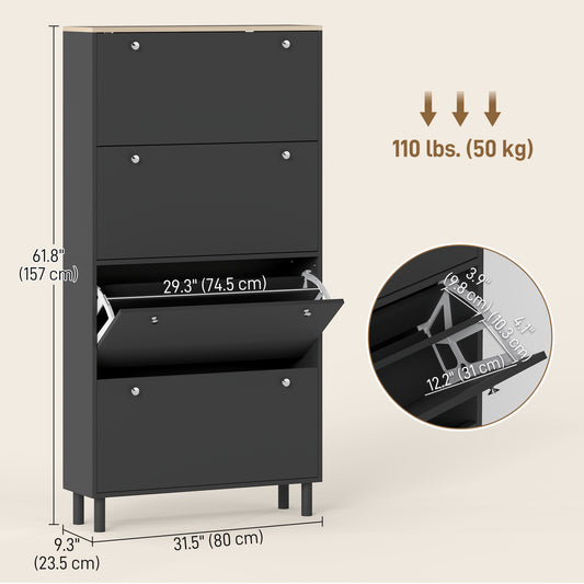Narrow Shoe Cabinet with 4 Flip Drawers – 31"W x 62"H