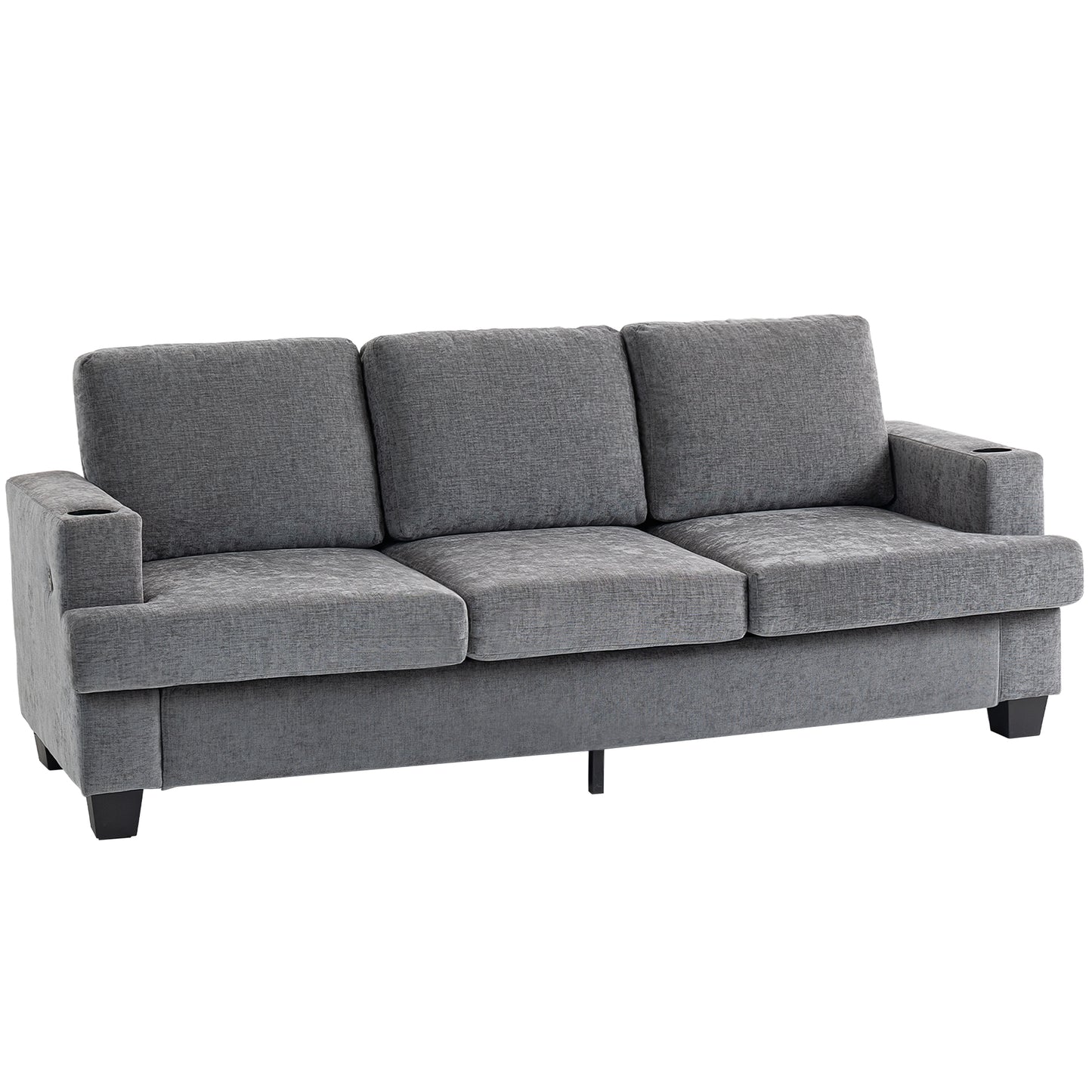 HOMCOM 3-Seater Grey Chenille Sofa with USB Ports and Dual Cup Holders