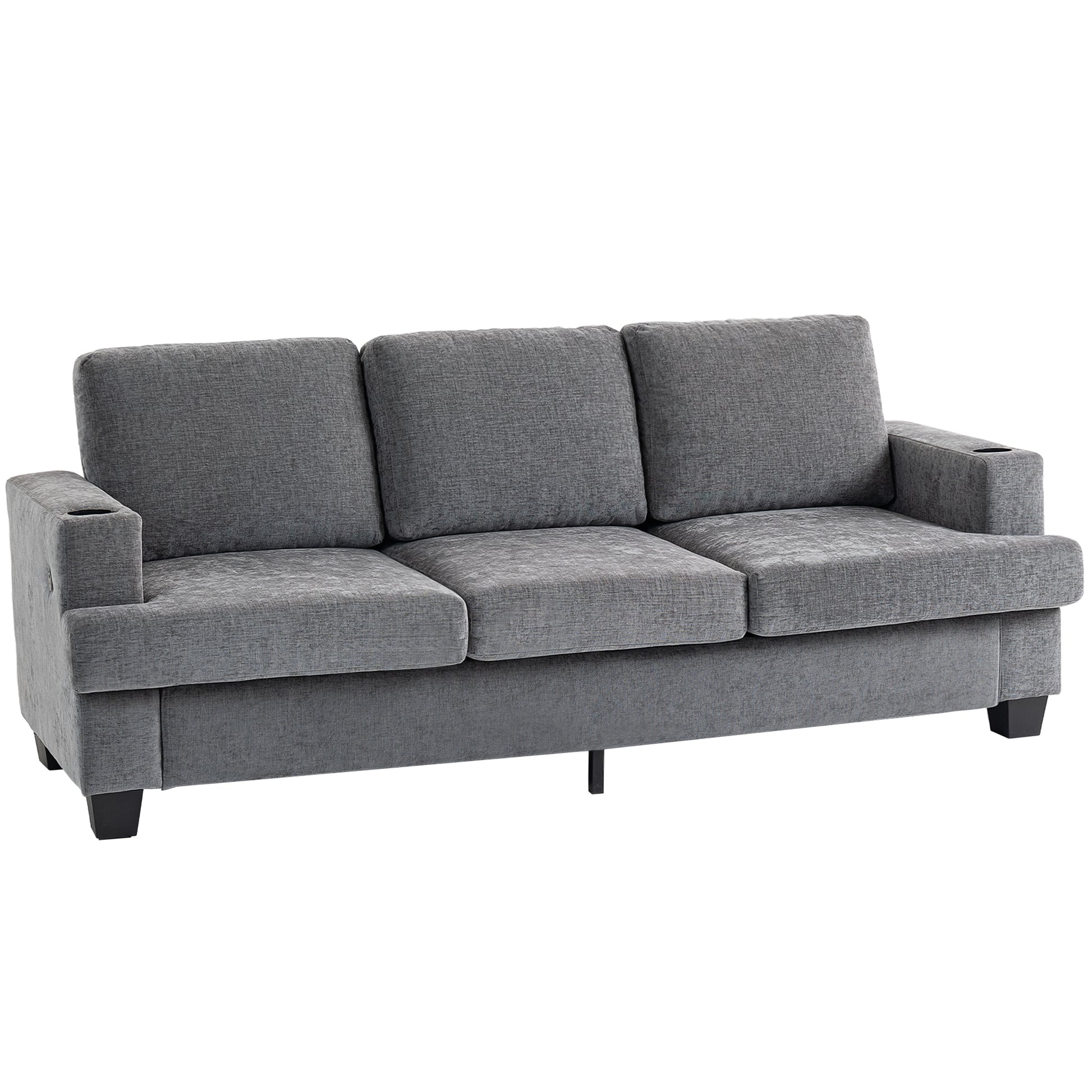 HOMCOM 3-Seater Grey Chenille Sofa with USB Ports and Dual Cup Holders