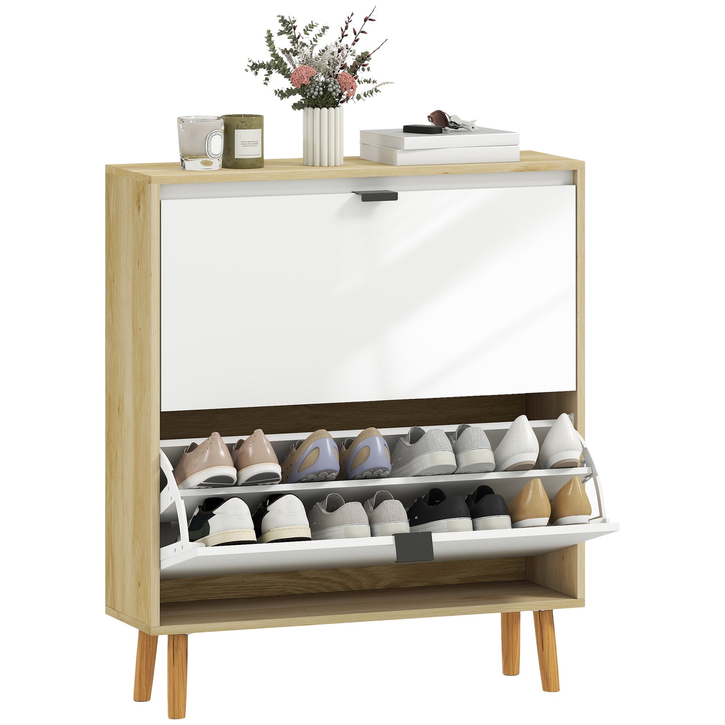 Space-Saving High Gloss White Shoe Cabinet, 2 Flip Drawers, Adjustable Shelves