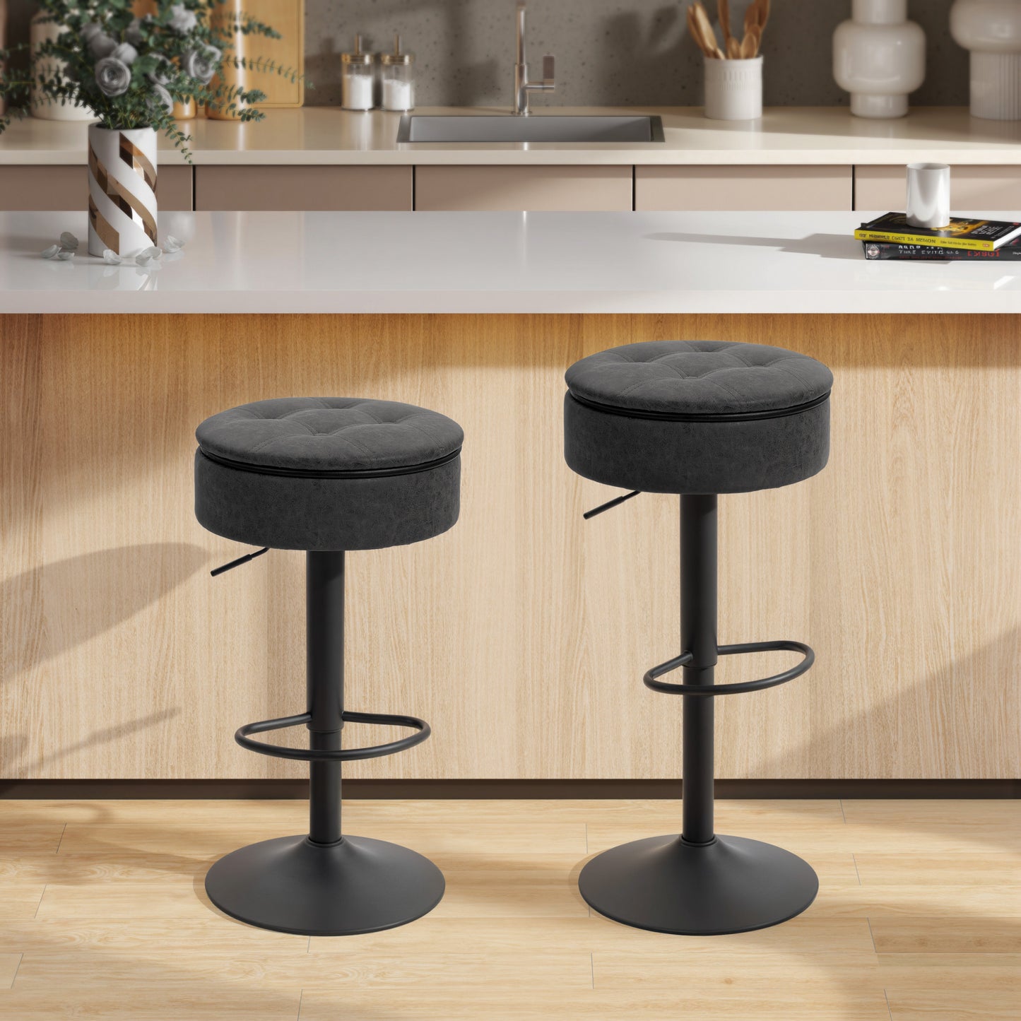 Set of 2 Barstools Swivel Storage Brown