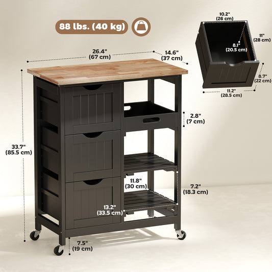 Rolling Kitchen Island Cart with Wood Top – 27"W x 34"H