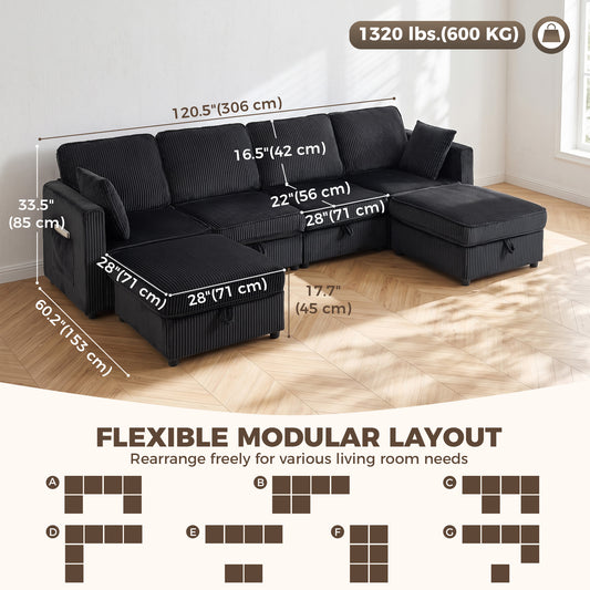 Corduroy U-Shaped Modular Sofa with Dual Storage Ottomans