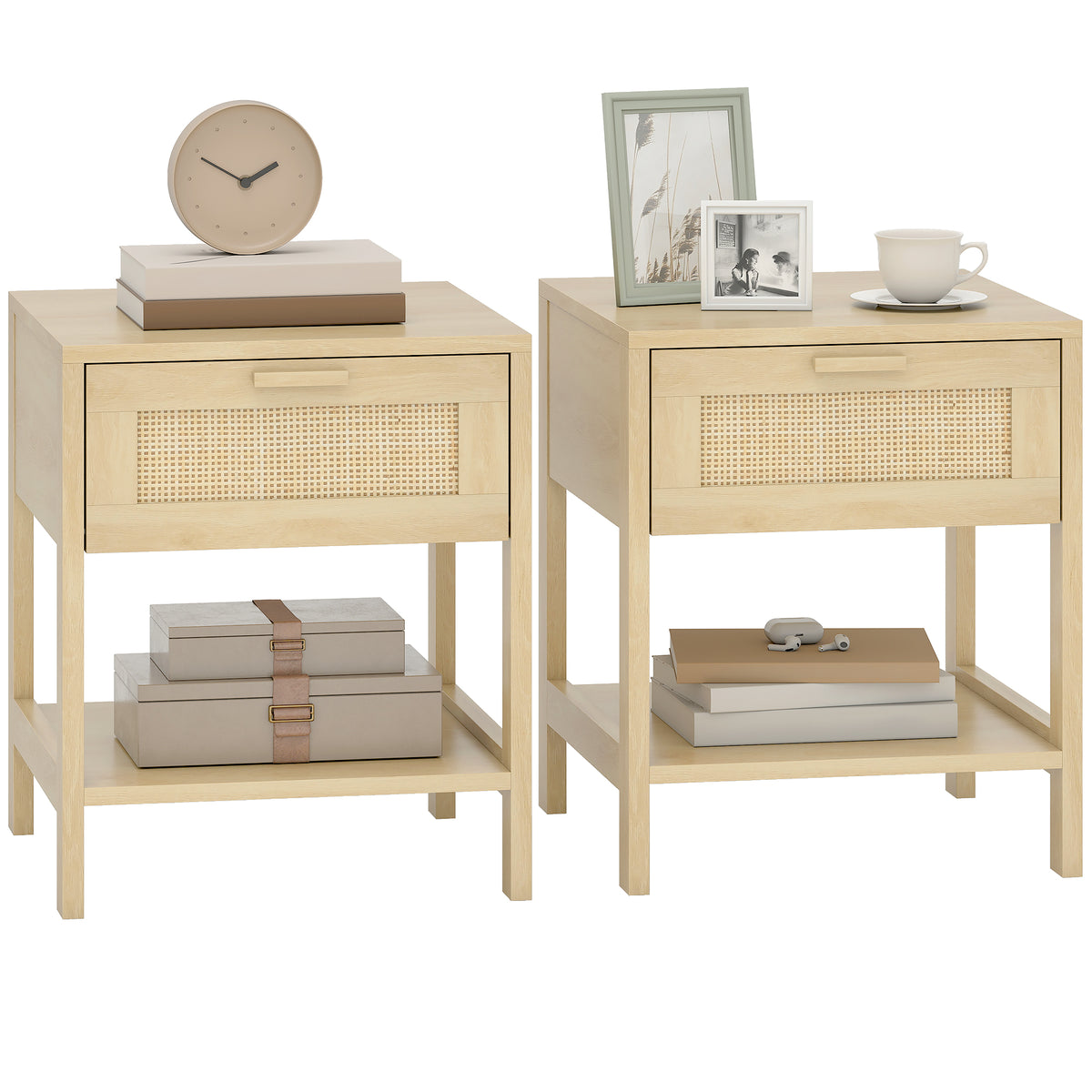 Narrow Rattan Nightstands with Drawer and Shelf, Set of 2 – 16"W x 19"H