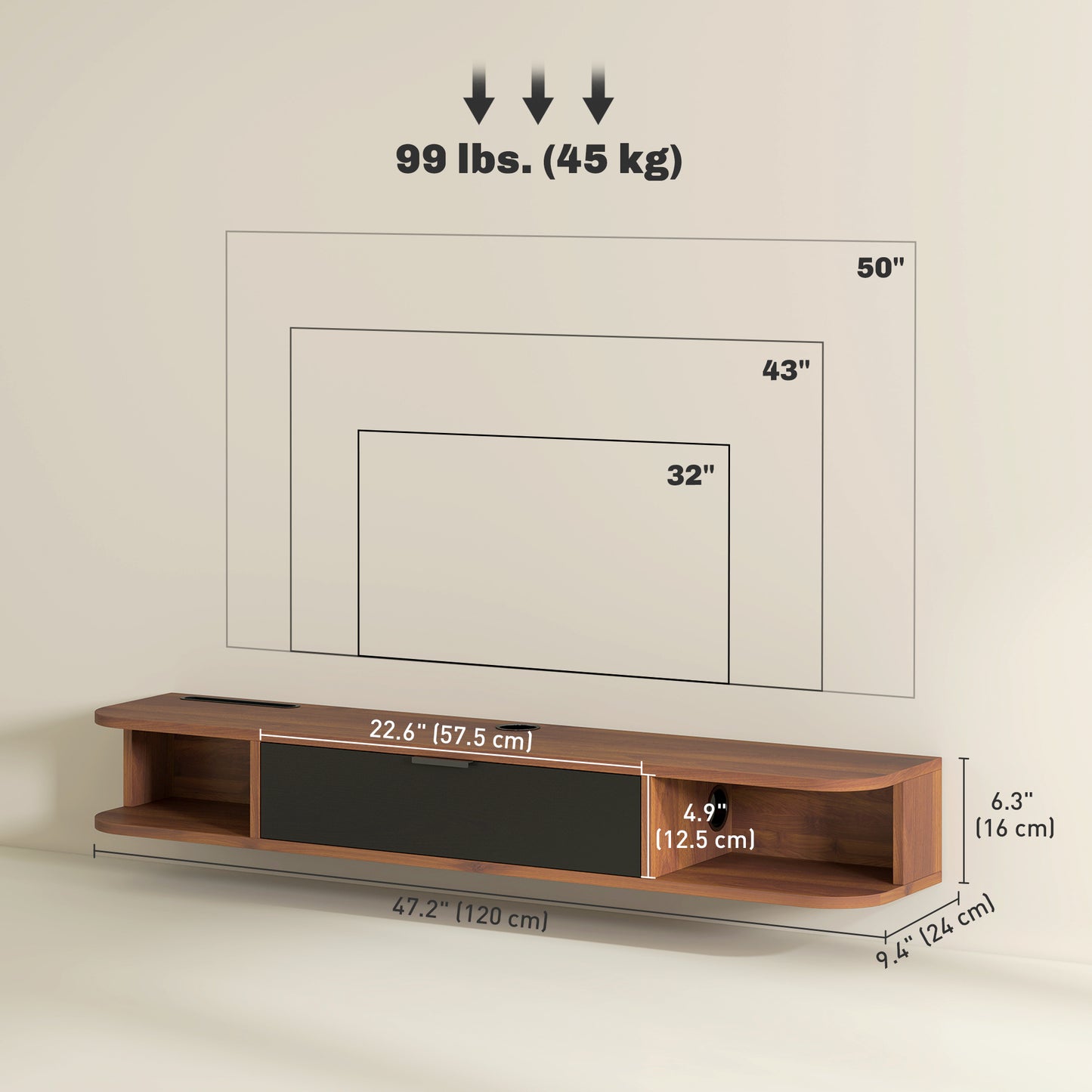 HOMCOM 47-inch Floating TV Stand, Wall Mounted Media Console, Walnut Finish