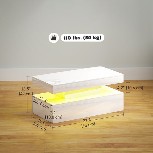 HOMCOM Modern High Gloss White LED Coffee Table with Two Drawers Storage