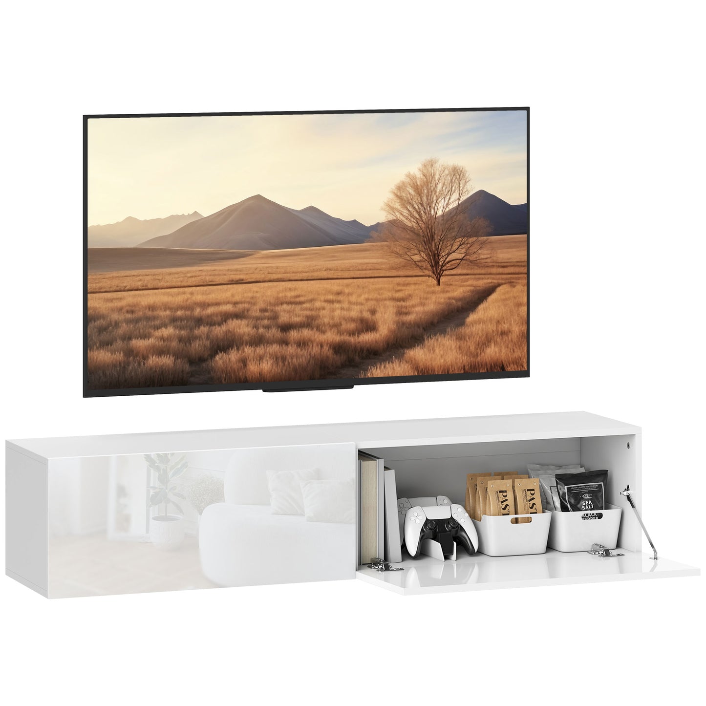 HOMCOM Floating Wall-Mounted TV Console, Storage for 45-65" TVs, White