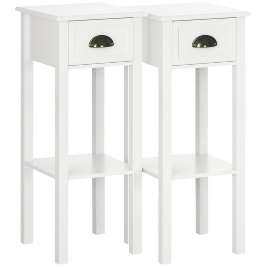 HOMCOM 2-Tier Narrow Tall End Table Set with Drawer & Shelf, White Nightstand