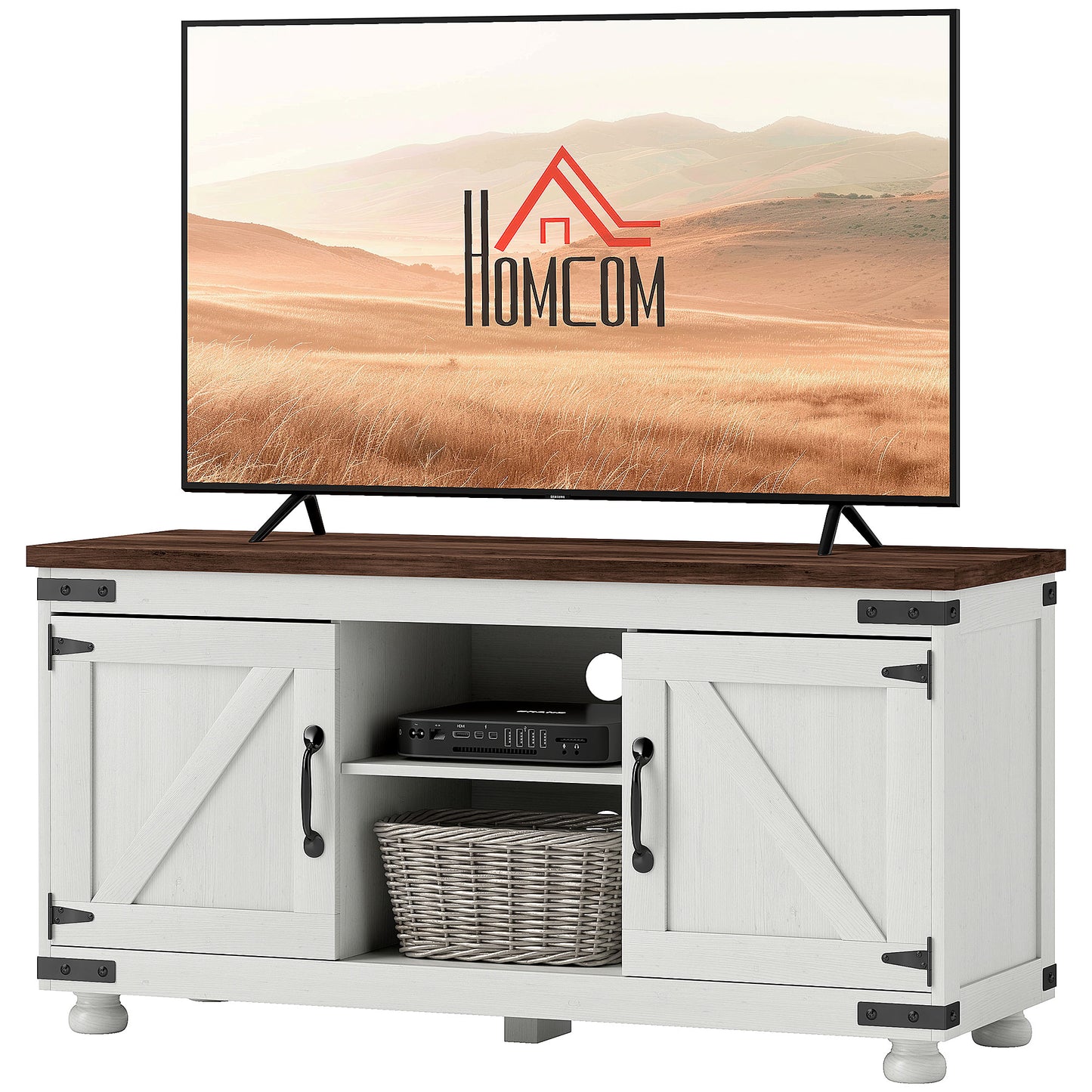 Modern Farmhouse 50-inch TV Stand with Barn Doors, Cable Management, Distressed White