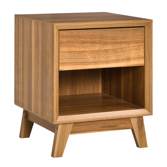HOMCOM Modern Walnut Bedside Nightstand with Drawer and Open Storage Shelf