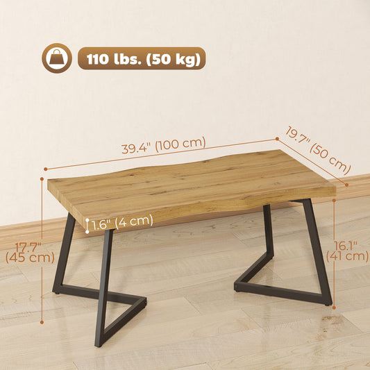 Coffee Table Curved Thick Top Living Room Accent Table Black Metal Legs, 39.4" x 19.7" x 17.7", Oak
