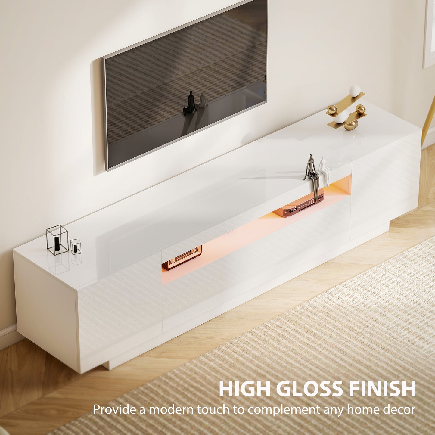 HOMCOM Modern White High-Gloss TV Stand with RGB LED Lighting