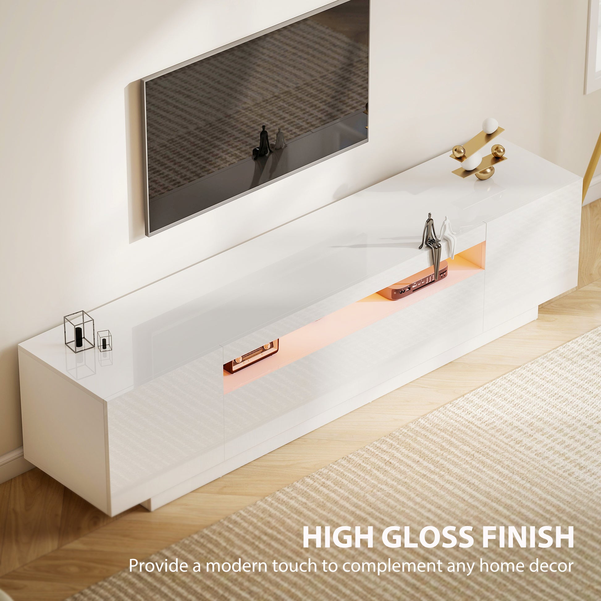 HOMCOM Modern White High-Gloss TV Stand with RGB LED Lighting