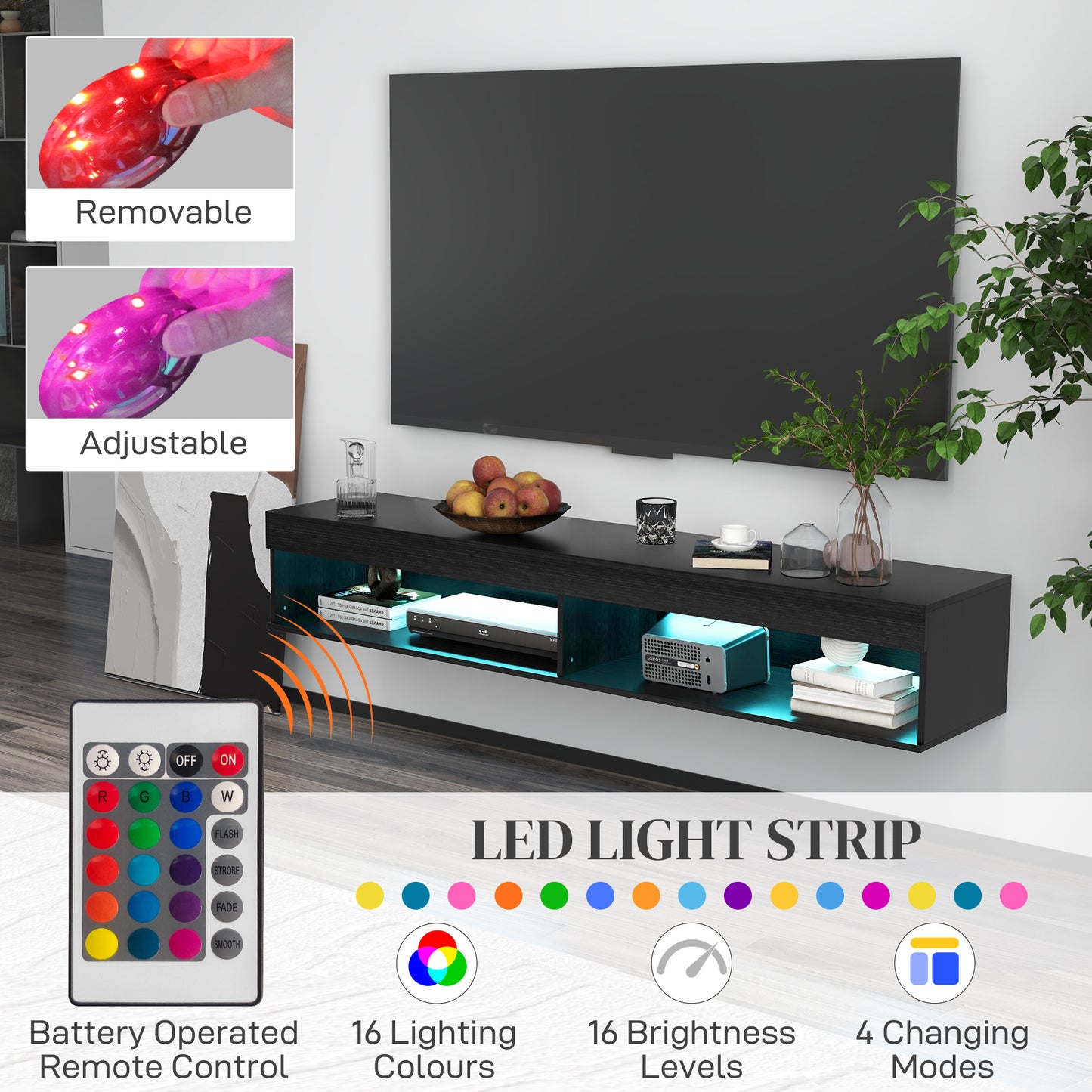HOMCOM Modern Floating Wall Mounted TV Stand with LED Lights, Storage, Black