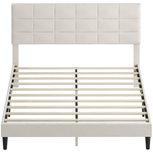 Square-Stitched Velvet-Feel Upholstered Platform Bed
