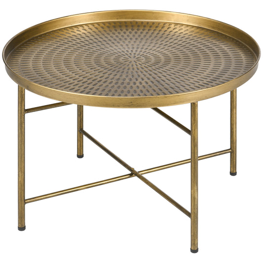 HOMCOM Vintage Gold Round Coffee Table Hammered Tray Top Metal Frame Living Room
