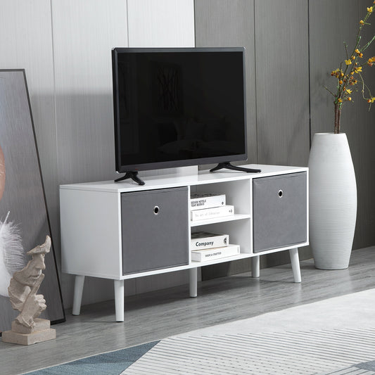 Modern TV Stand Cabinet with Foldable Grey Fabric Drawers and Shelves