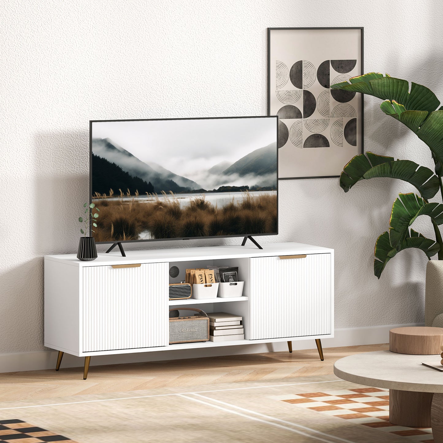 Modern White TV Stand for 55-inch TVs with Storage Cabinets & Open Shelves