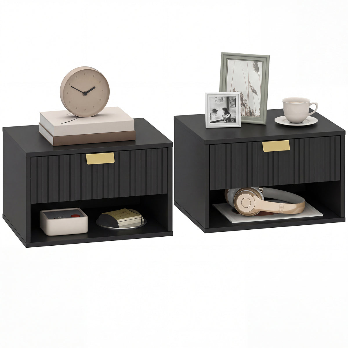 Floating Nightstands with Fluted Drawer, Set of 2 – 16"W x 10"H