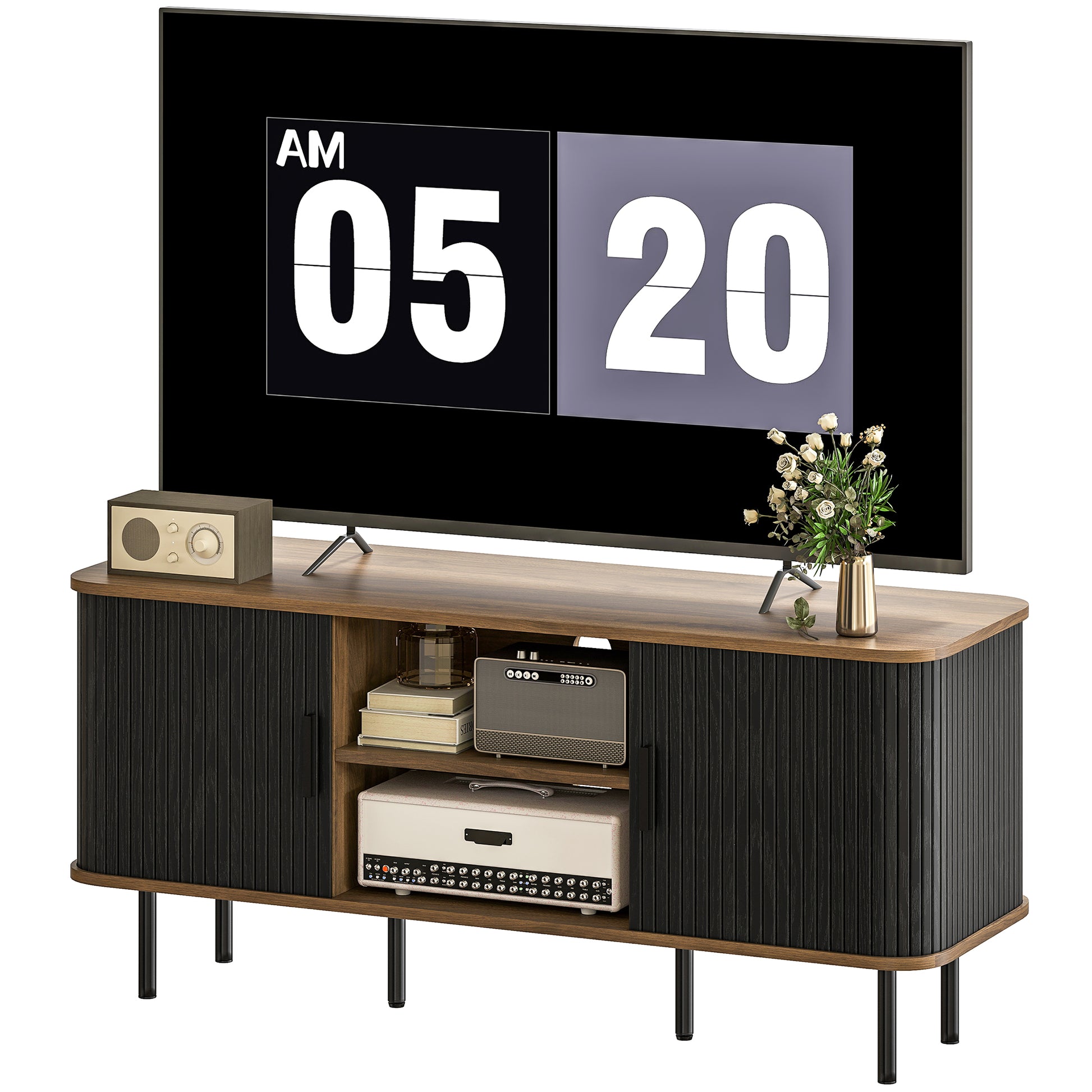 HOMCOM Modern Black TV Stand for 55-Inch TVs, Storage Shelves, Slatted Doors