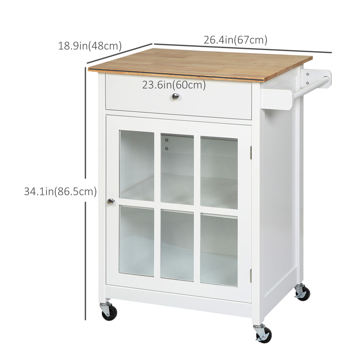 Rolling Kitchen Cart with Drawer and Glass Door Cabinet – 27"W x 34"H
