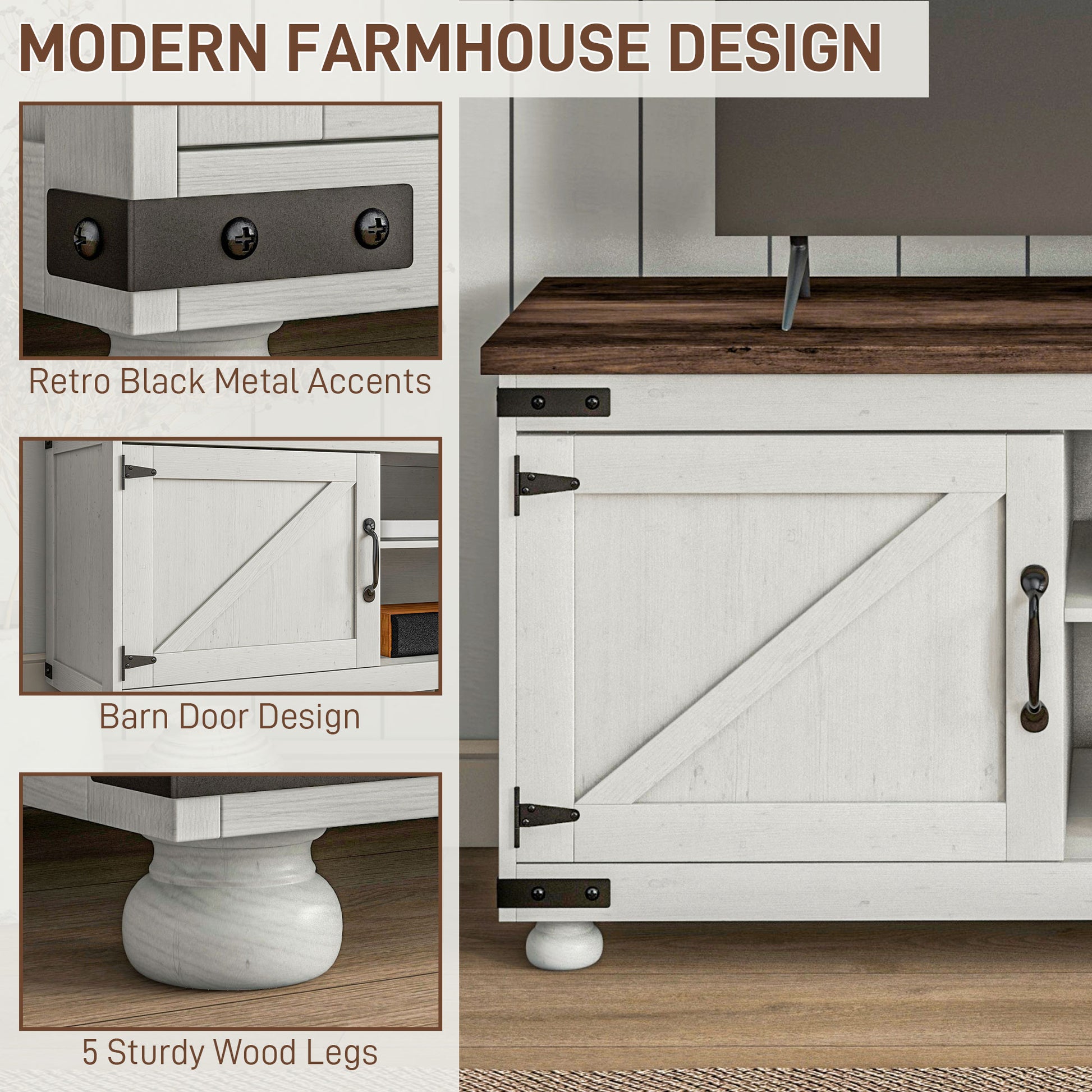 HOMCOM Farmhouse 65-inch TV Stand, Barn Doors, Cable Management, Distressed White