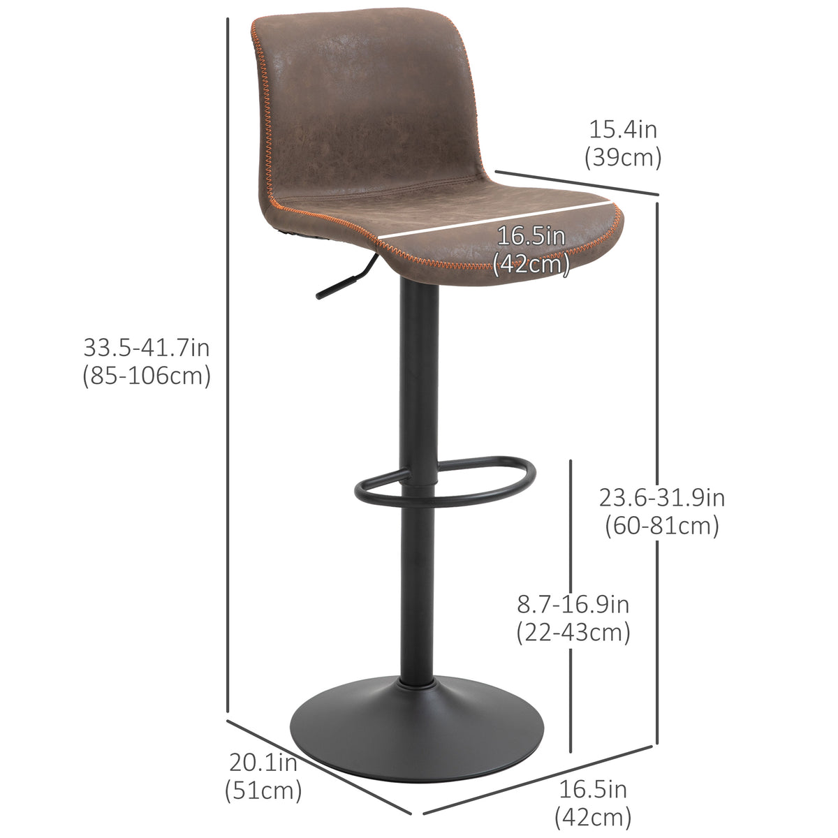 HOMCOM 2-Piece Swivel Brown PU Leather Adjustable Counter Height Bar Stools