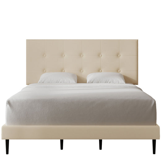 Mid-Century Tufted Upholstered Platform Bed – Beige