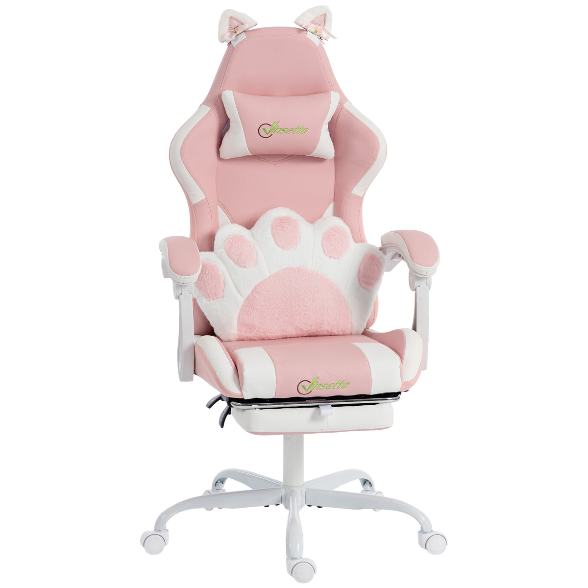 Cute Gaming Chair with Cat Ears, Gamer Computer Chair with Lumbar Support, Footrest, Pink