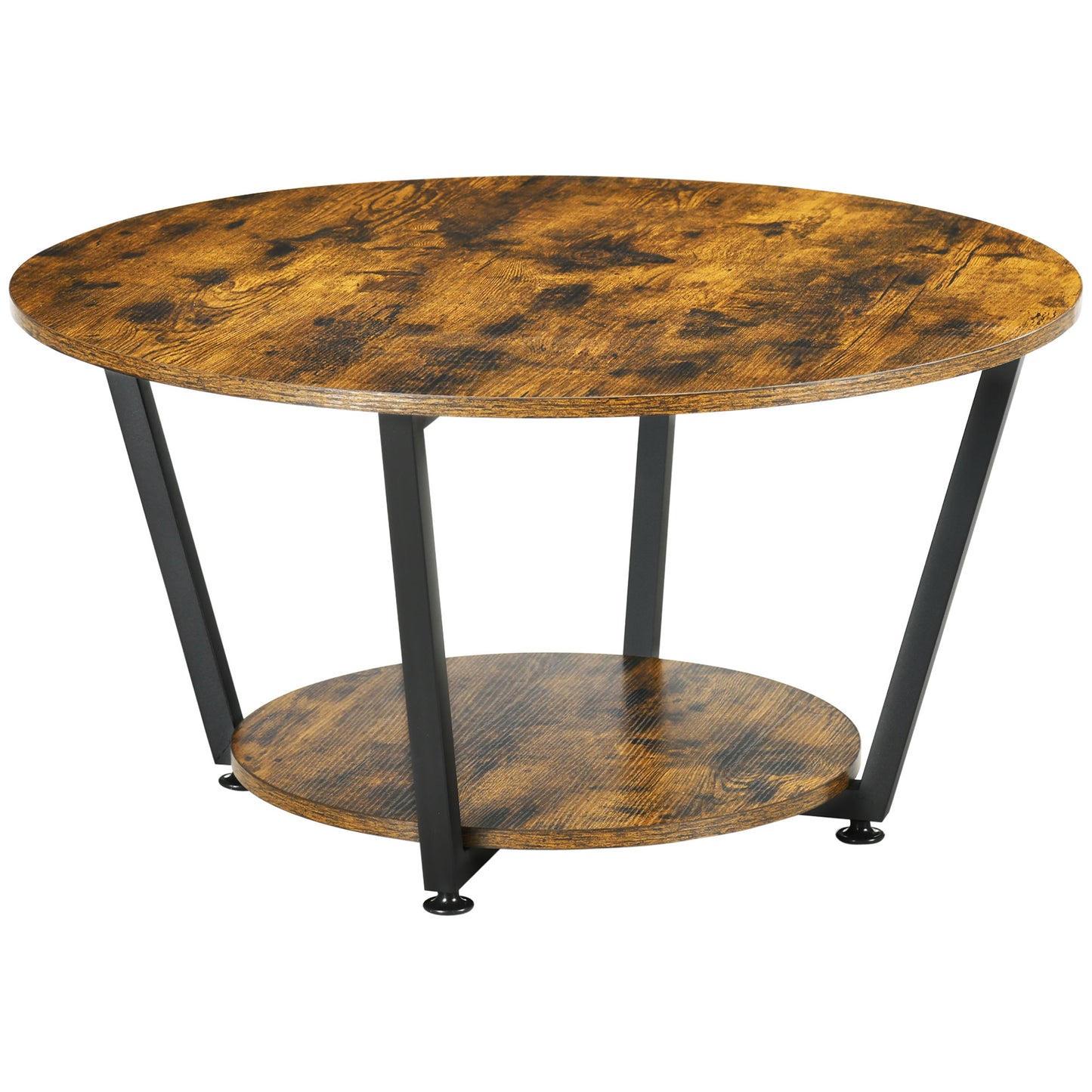 HOMCOM Round Industrial Coffee Table with Storage Shelf, Steel Frame, Rustic Brown