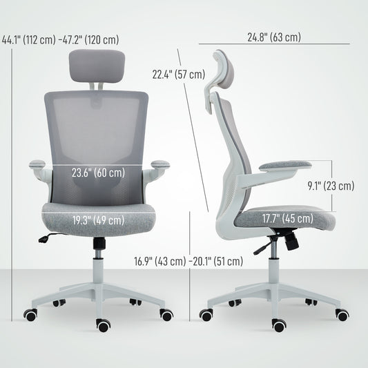 Ergonomic Grey Mesh Office Chair, Adjustable Lumbar, Headrest, Flip-Up Armrests